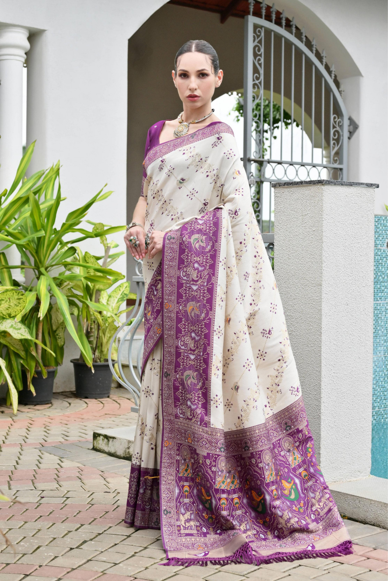 Off White Dark Purple Premium Banarasi Patola Ajrakh Weaved Saree