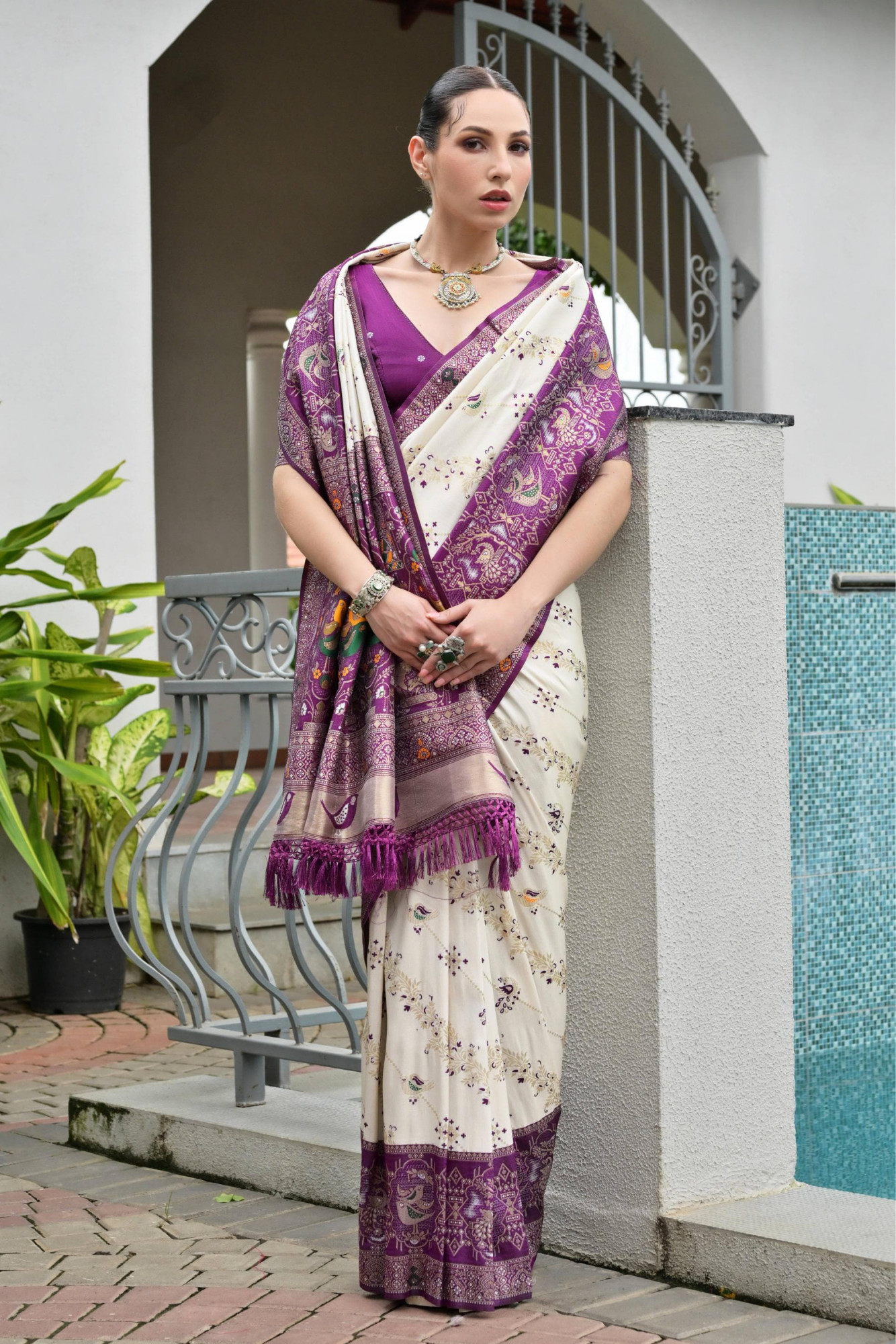 Off White Dark Purple Premium Banarasi Patola Ajrakh Weaved Saree
