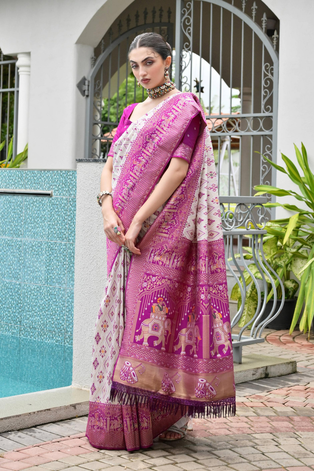 Off White Purple Premium Banarasi Patola Ajrakh Weaved Saree