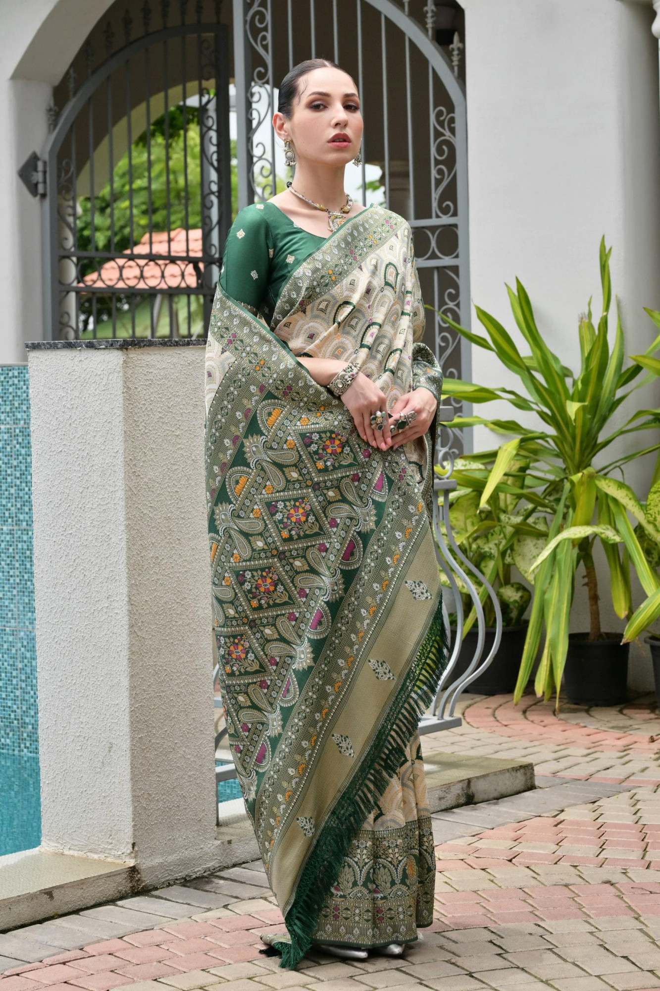 Cream With Green Premium Banarasi Patola Ajrakh Weaved Saree