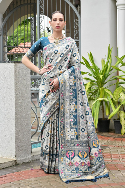 Image of Off White Teal Premium Banarasi Patola Ajrakh Weaved Saree