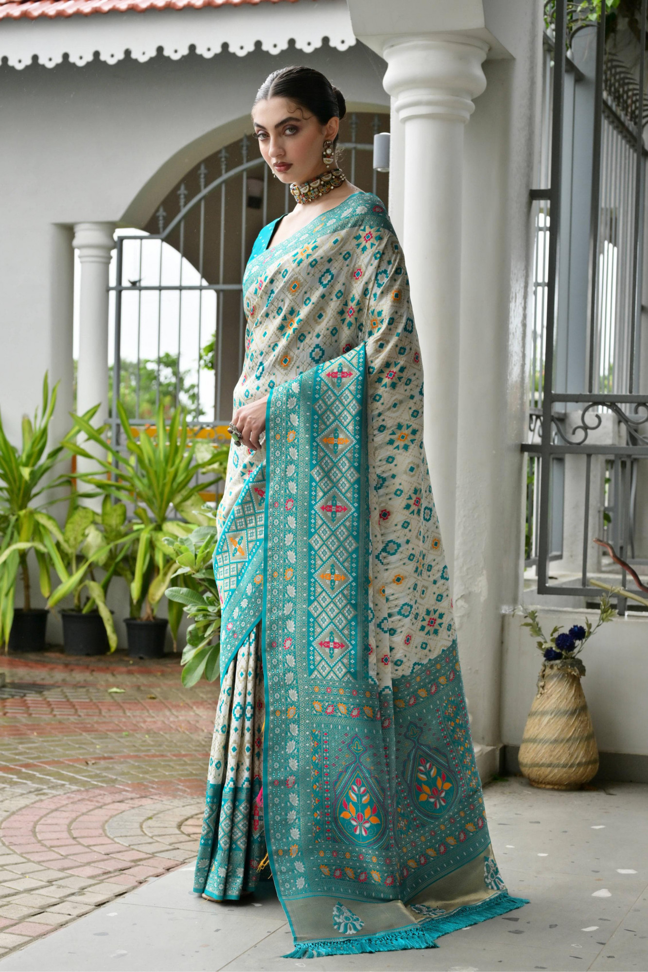Cream Jade Green Premium Banarasi Patola Ajrakh Weaved Saree