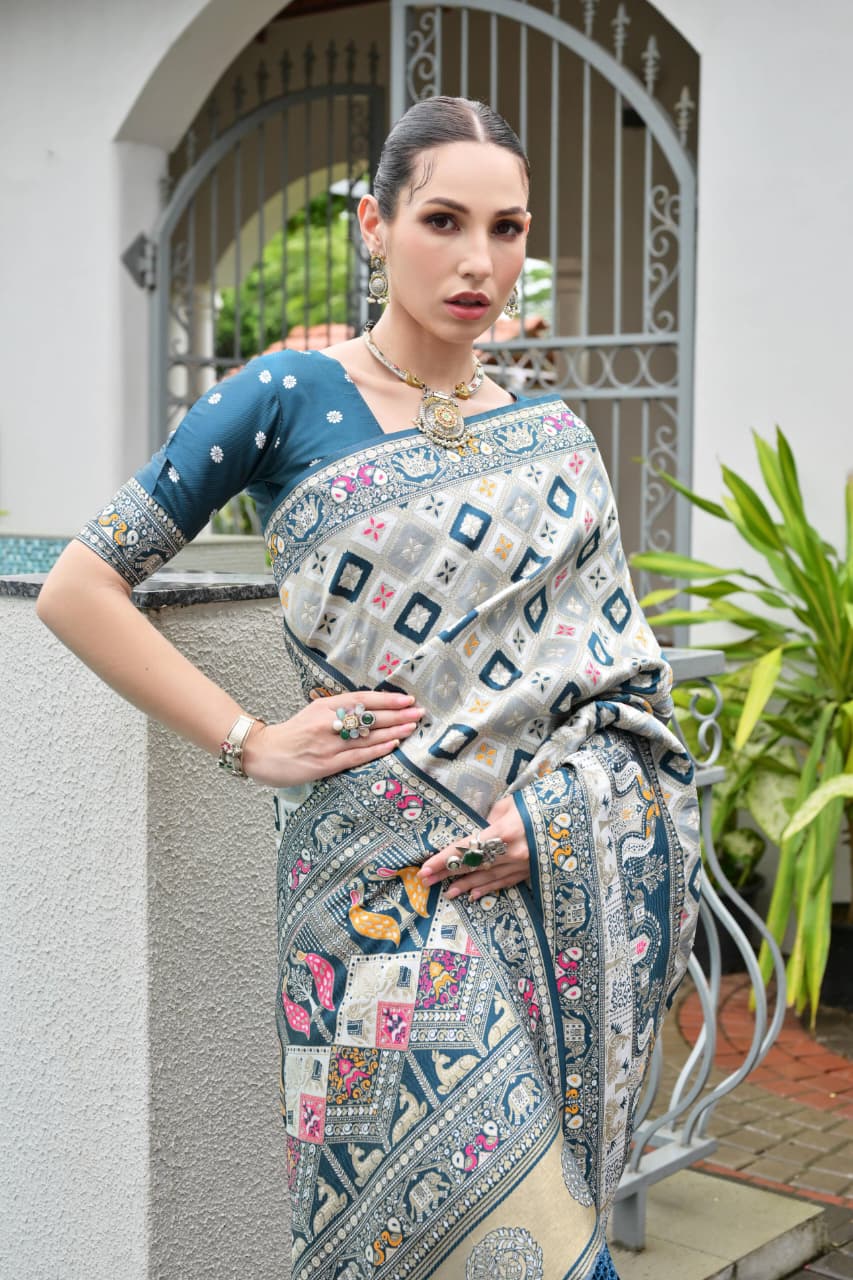 Off White Teal Premium Banarasi Patola Ajrakh Weaved Saree