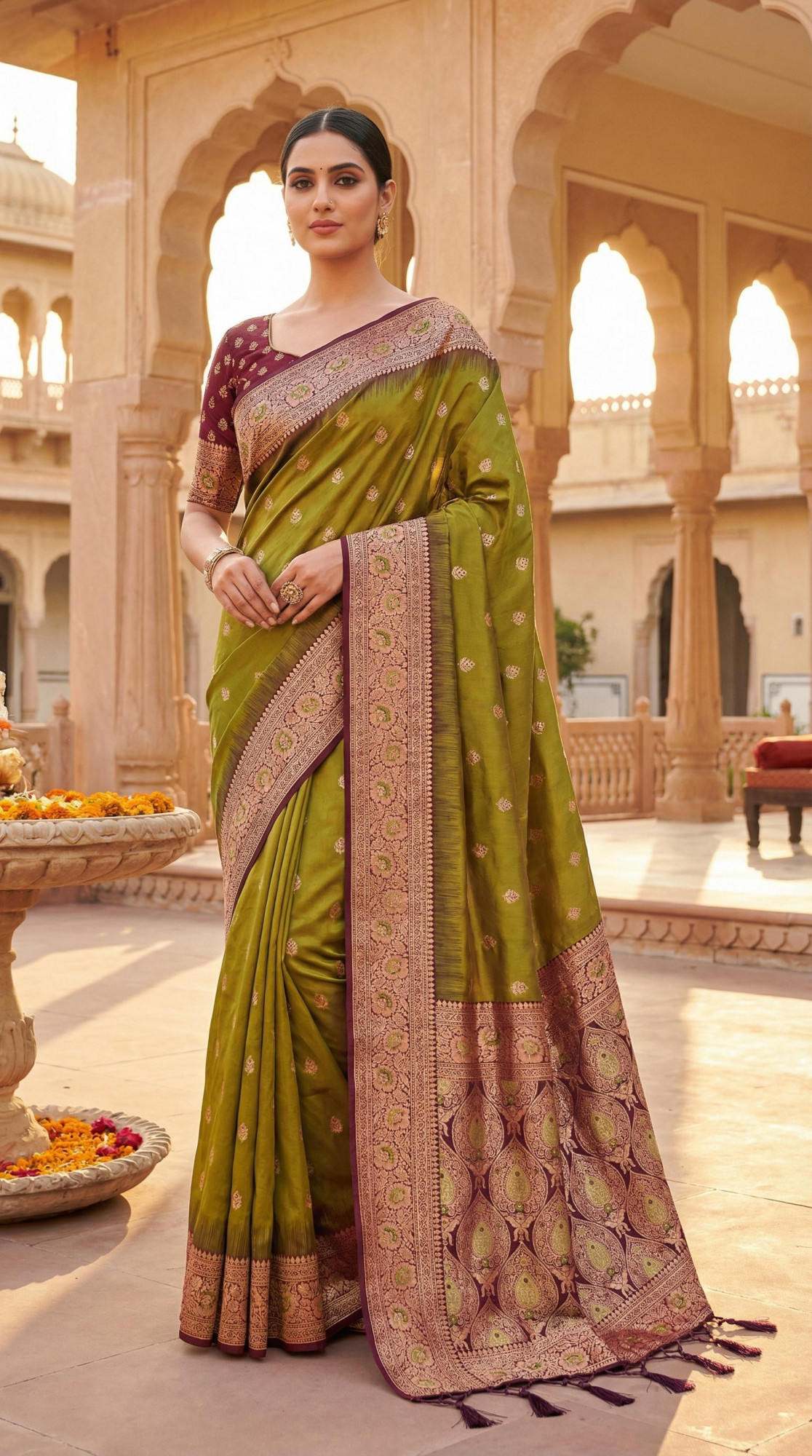 Mehendi Banarasi Silk Rich Zari Meenakari Weaved Saree