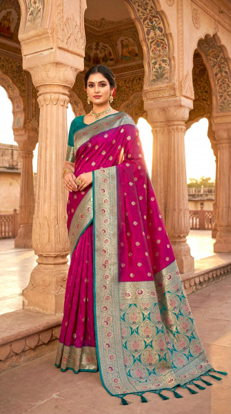 Image of Magenta Banarasi Silk Rich Zari Meenakari Weaved Saree