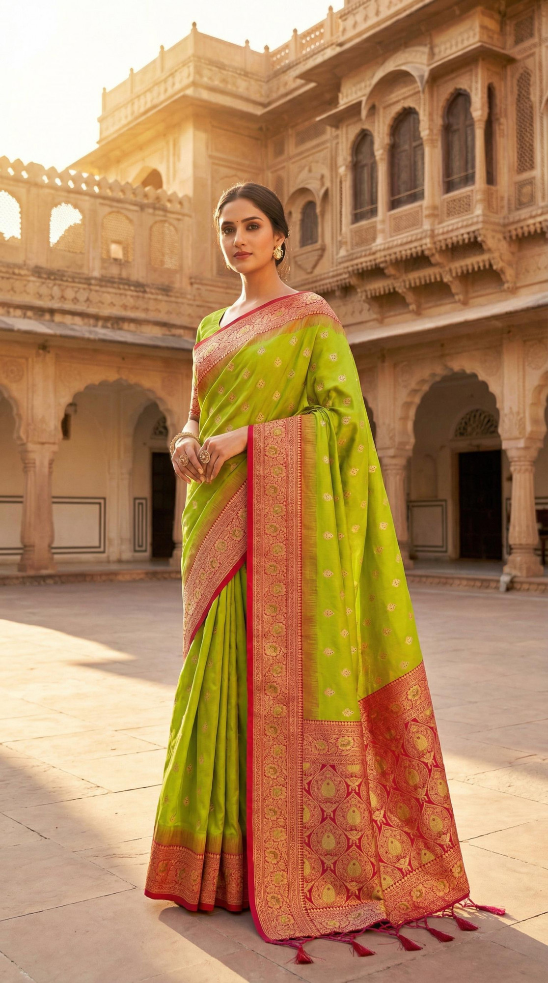Lime Green Banarasi Silk Rich Zari Meenakari Weaved Saree