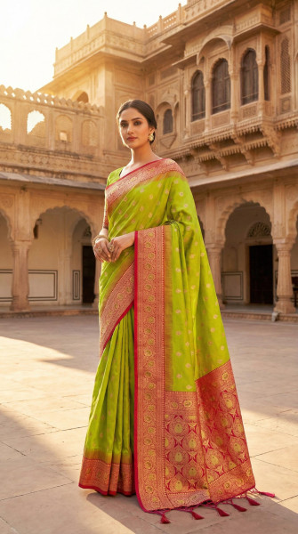 Image of Lime Green Banarasi Silk Rich Zari Meenakari Weaved Saree