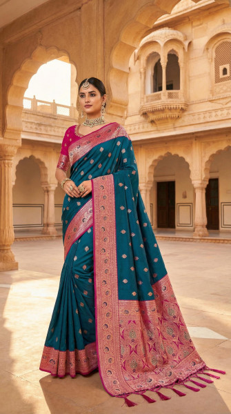 Image of Dark Teal Banarasi Silk Rich Zari Meenakari Weaved Saree