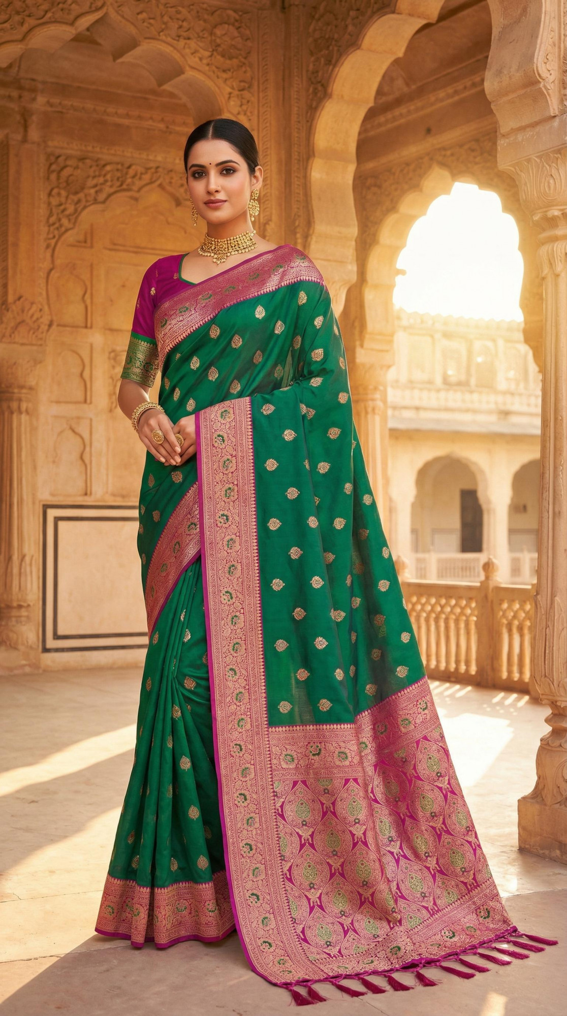 Green Banarasi Silk Rich Zari Meenakari Weaved Saree