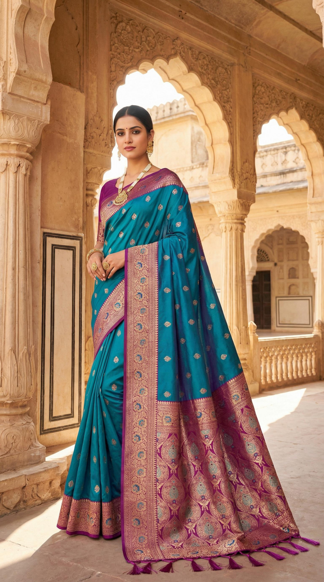 Teal Banarasi Silk Rich Zari Meenakari Weaved Saree
