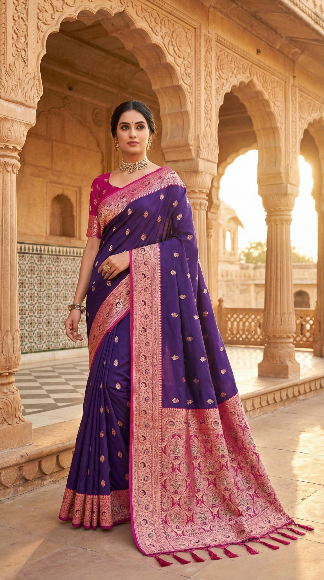 Dark Purple Banarasi Silk Rich Zari Meenakari Weaved Saree