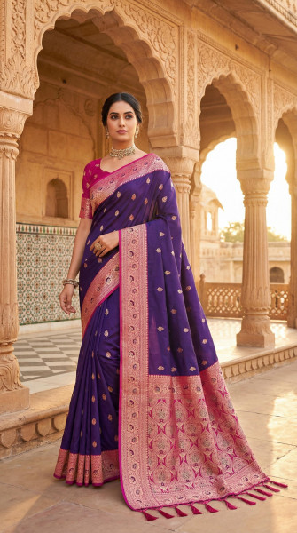 Image of Dark Purple Banarasi Silk Rich Zari Meenakari Weaved Saree
