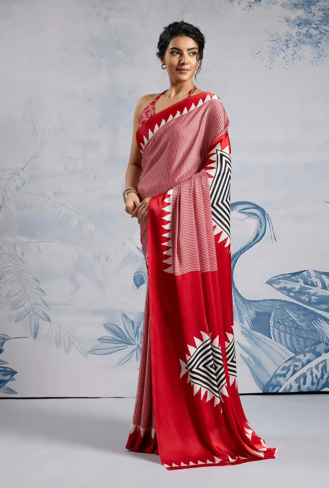 Red Japan Satin Silk Digital Printed With Blouse Saree