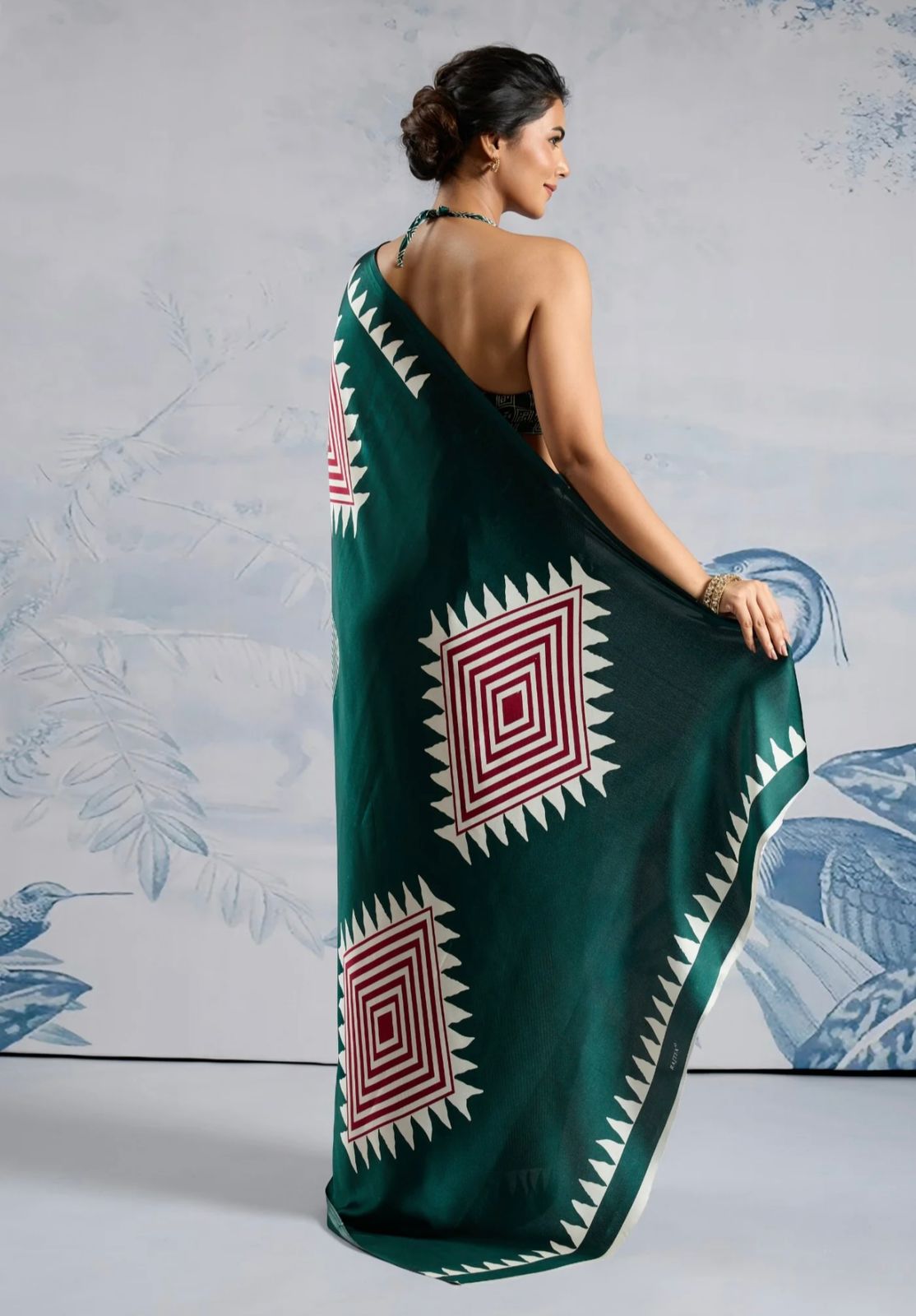 Bottle Green Japan Satin Silk Digital Printed With Blouse Saree