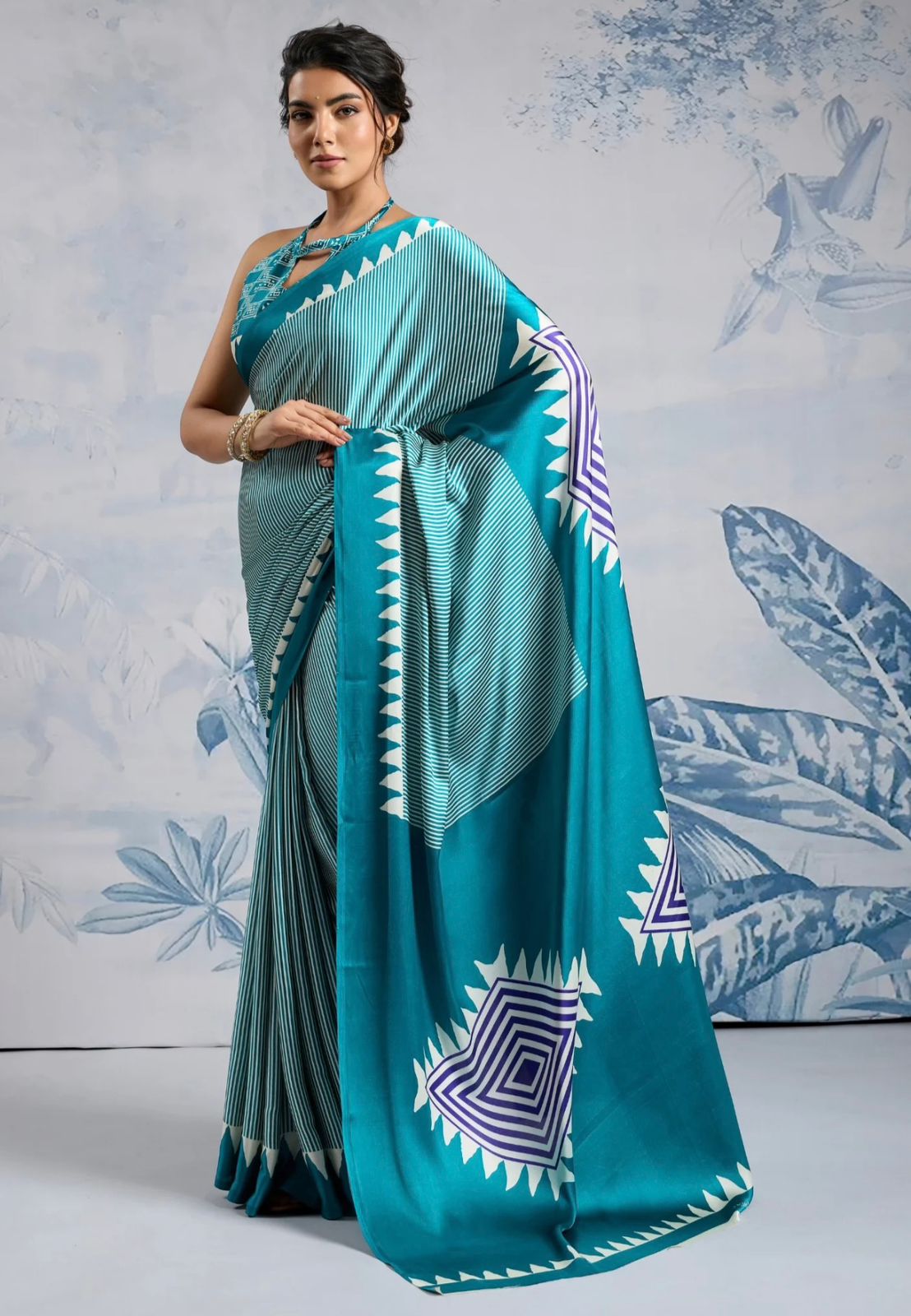 Sea Green Japan Satin Silk Digital Printed With Blouse Saree