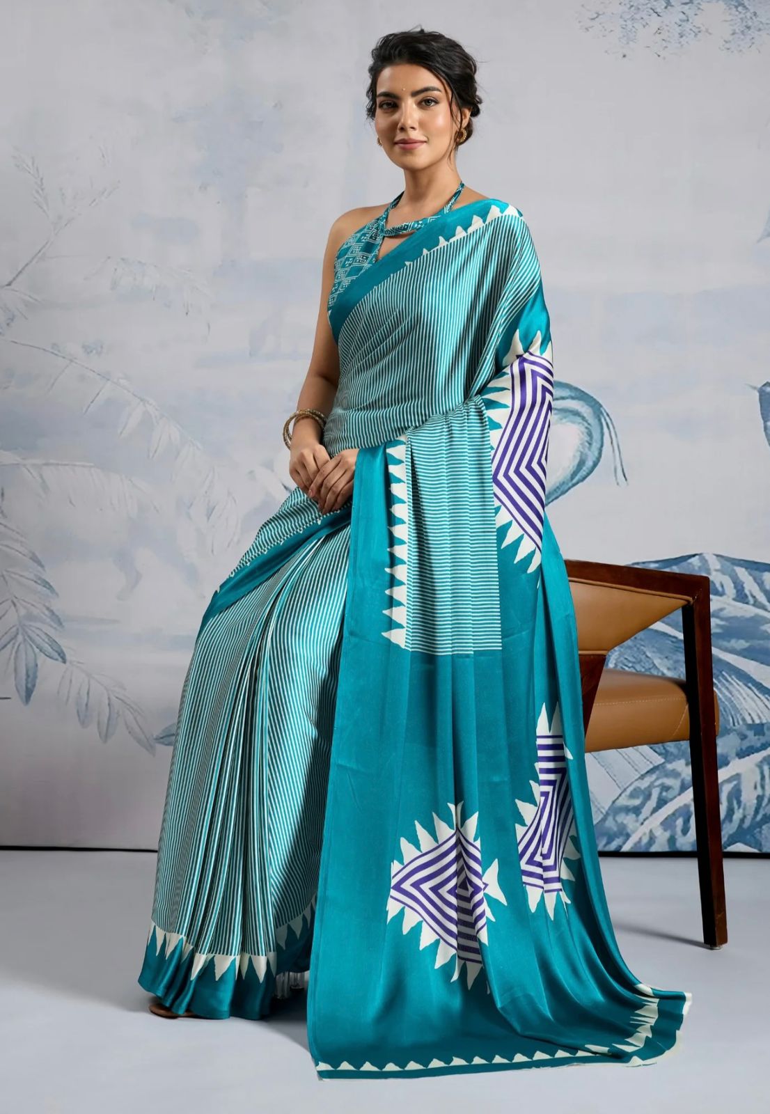 Sea Green Japan Satin Silk Digital Printed With Blouse Saree