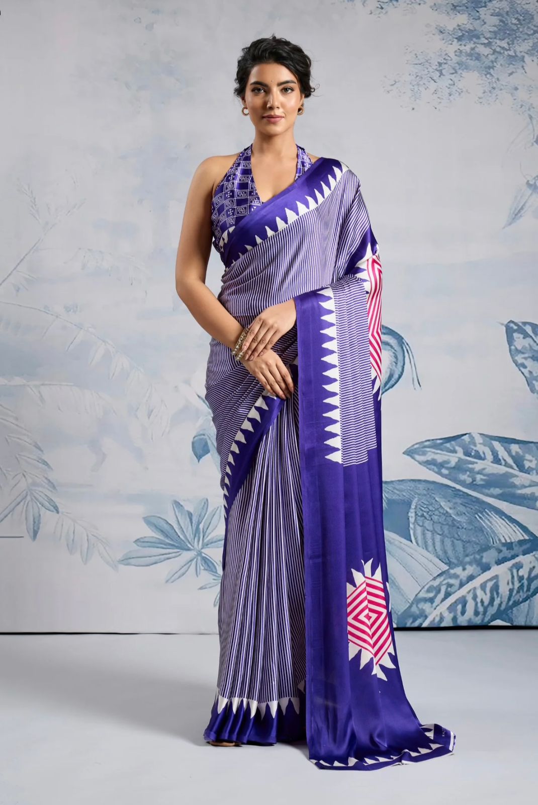 Navy Blue Japan Satin Silk Digital Printed With Blouse Saree