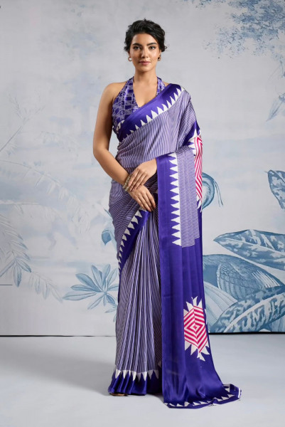 Image of Navy Blue Japan Satin Silk Digital Printed With Blouse Saree