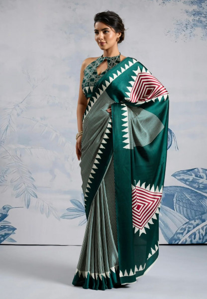 Image of Bottle Green Japan Satin Silk Digital Printed With Blouse Saree
