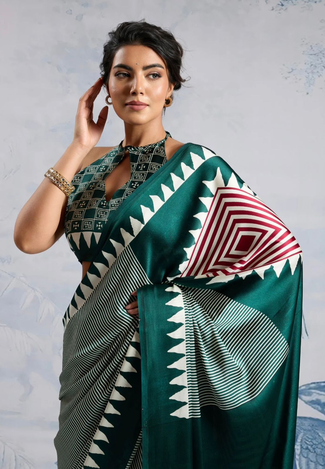 Bottle Green Japan Satin Silk Digital Printed With Blouse Saree