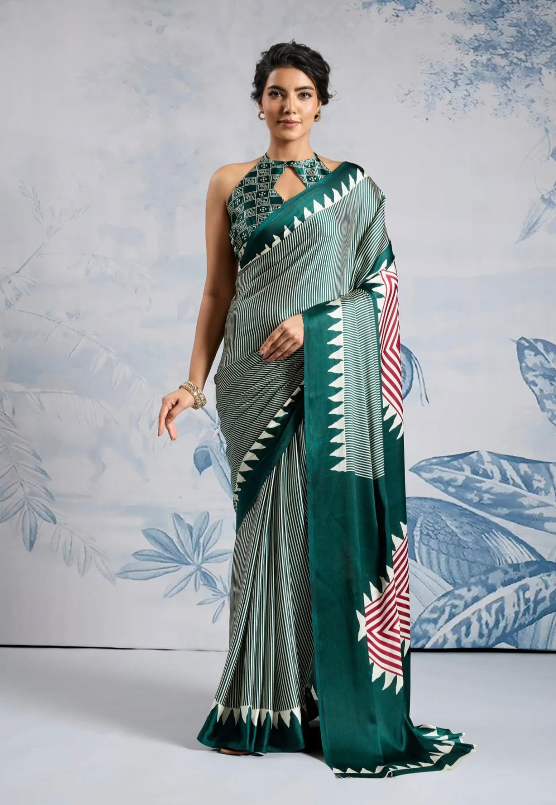 Bottle Green Japan Satin Silk Digital Printed With Blouse Saree