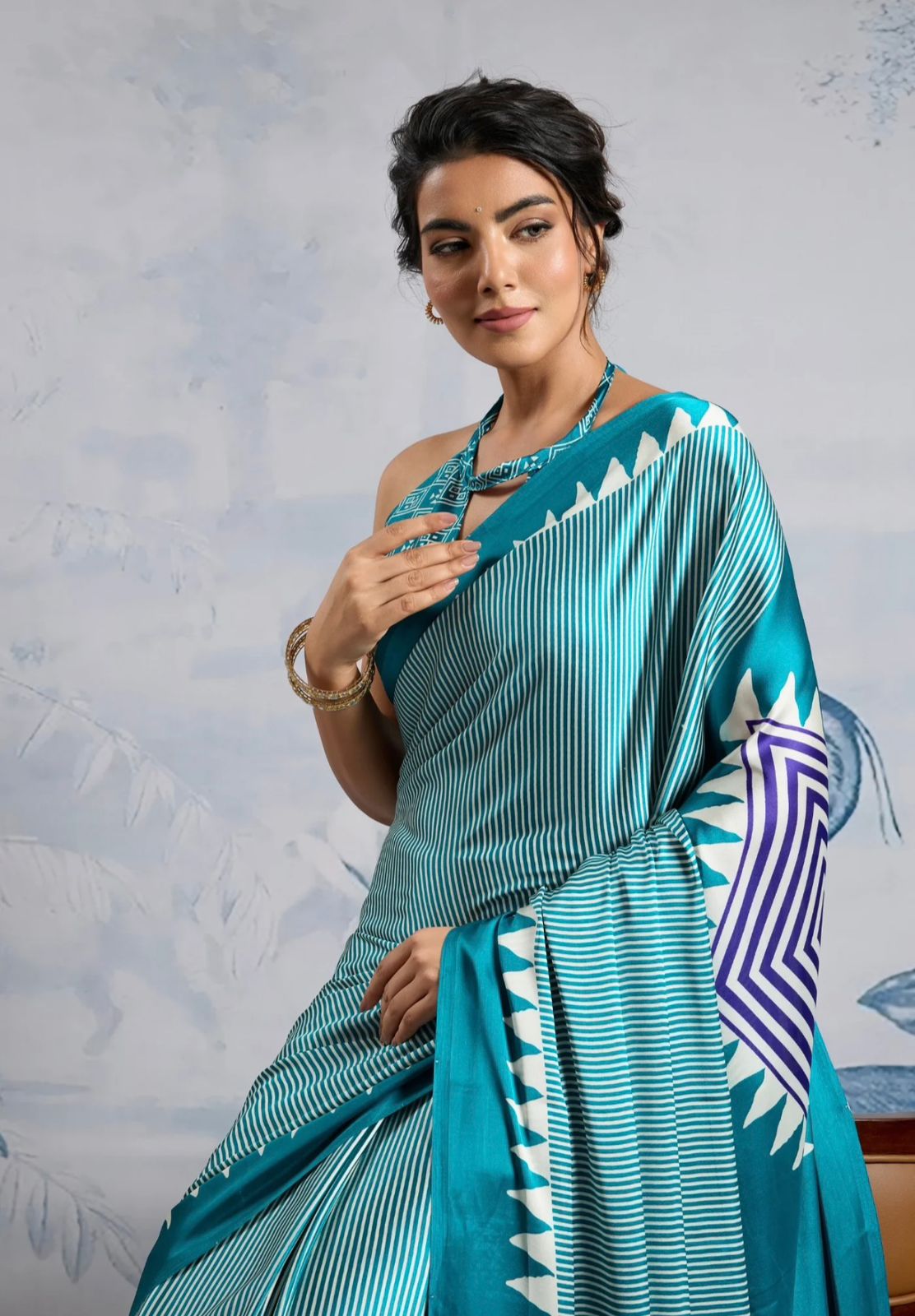 Sea Green Japan Satin Silk Digital Printed With Blouse Saree