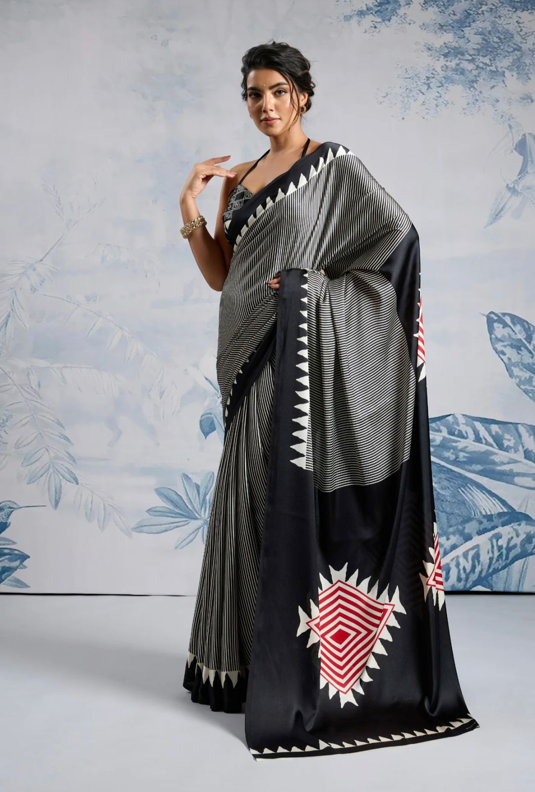 Black Japan Satin Silk Digital Printed With Blouse Saree