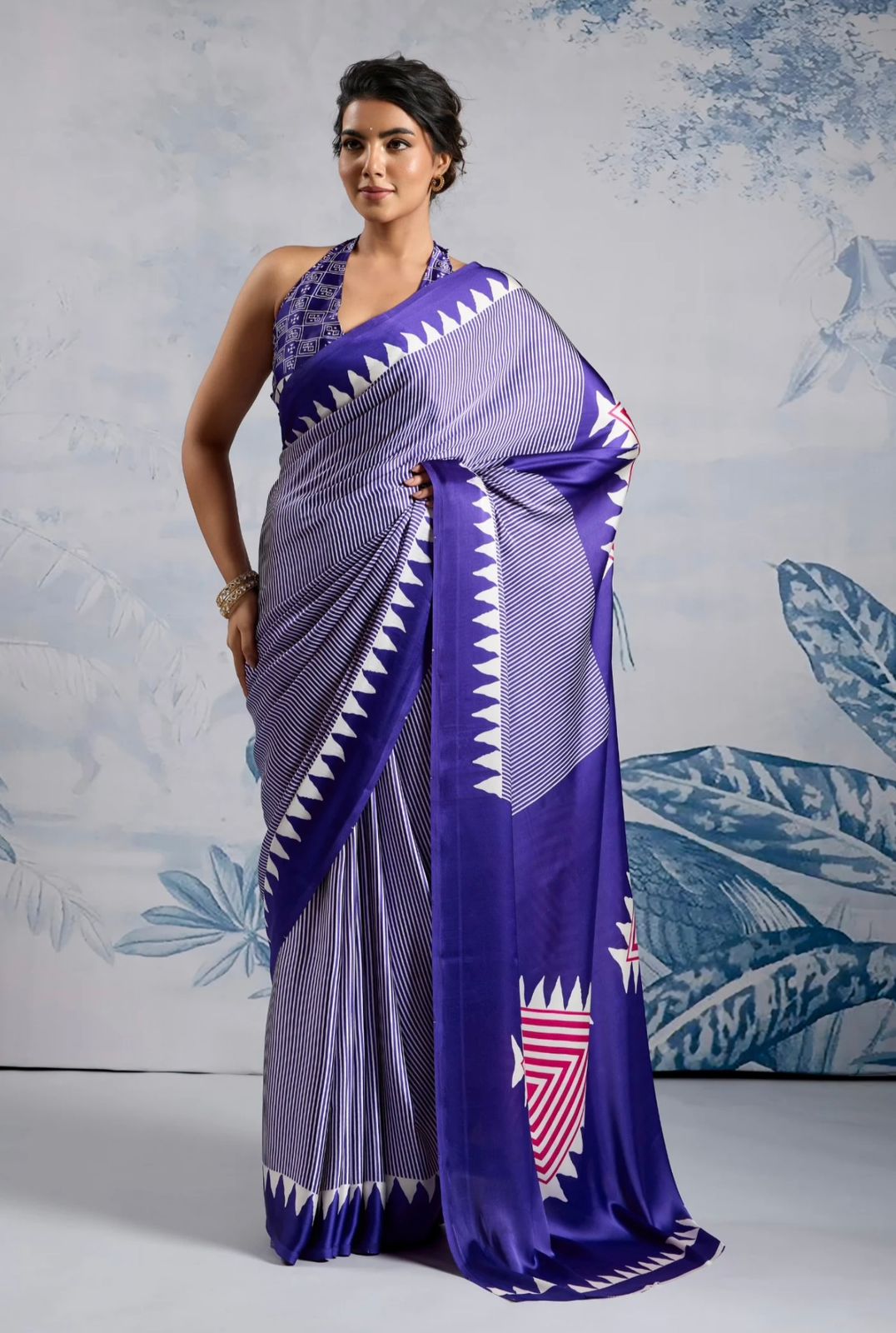 Navy Blue Japan Satin Silk Digital Printed With Blouse Saree