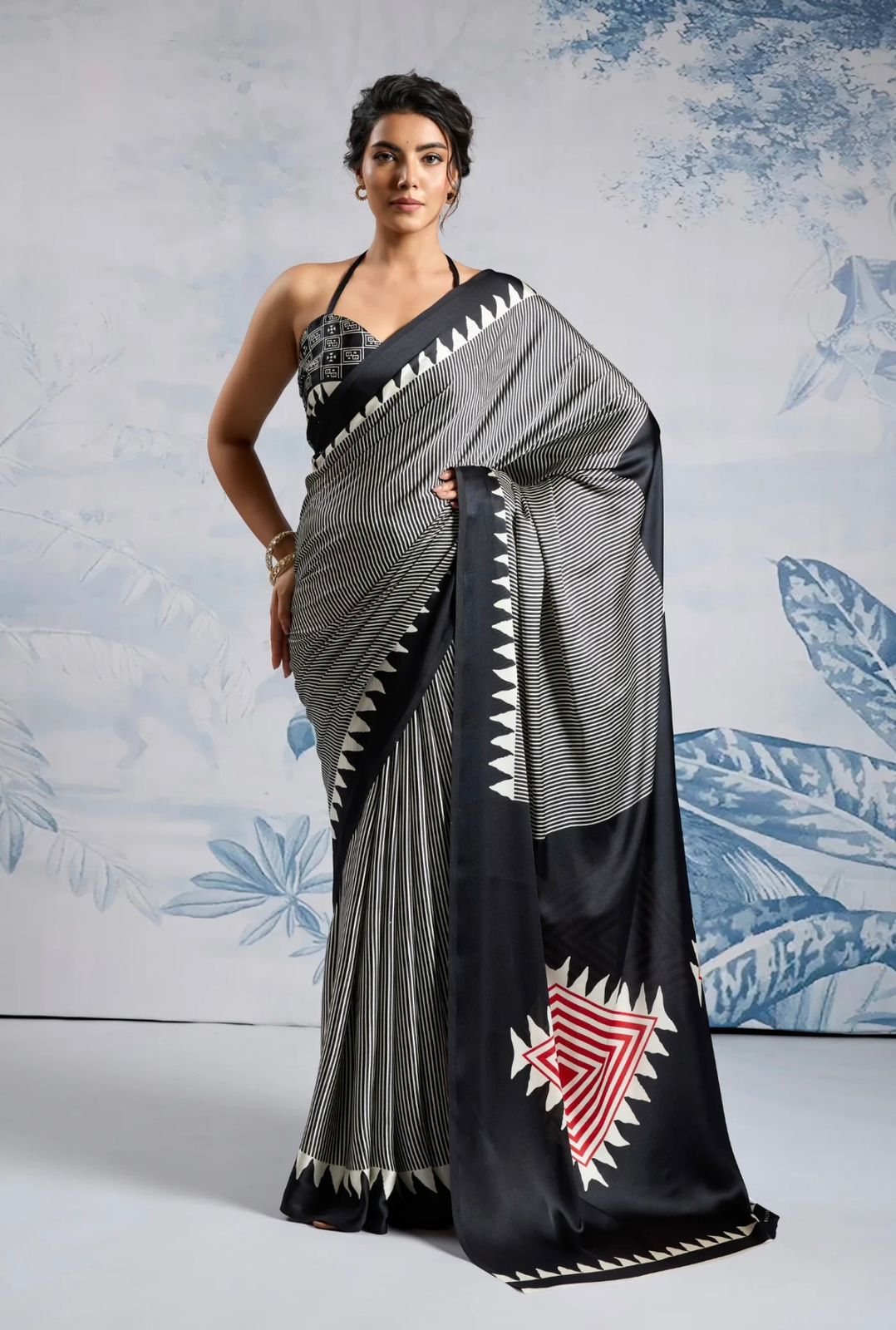 Black Japan Satin Silk Digital Printed With Blouse Saree
