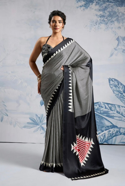 Image of Black Japan Satin Silk Digital Printed With Blouse Saree