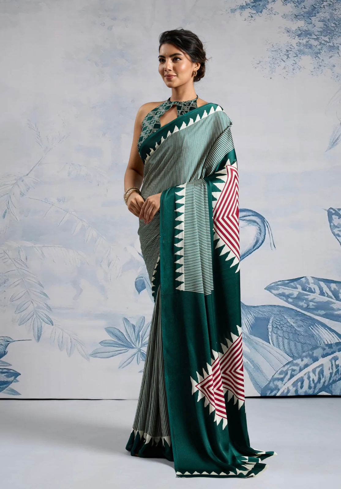 Bottle Green Japan Satin Silk Digital Printed With Blouse Saree
