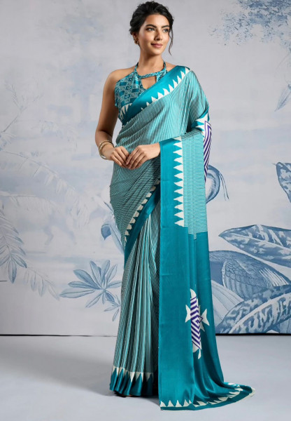 Image of Sea Green Japan Satin Silk Digital Printed With Blouse Saree