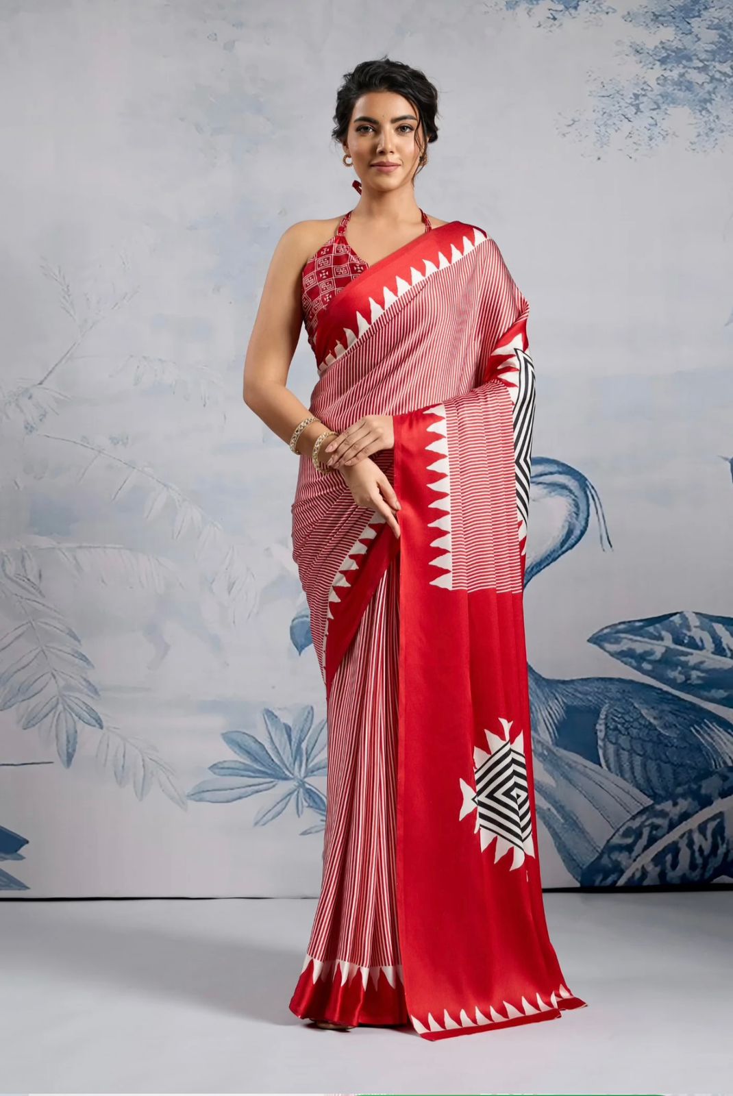 Red Japan Satin Silk Digital Printed With Blouse Saree
