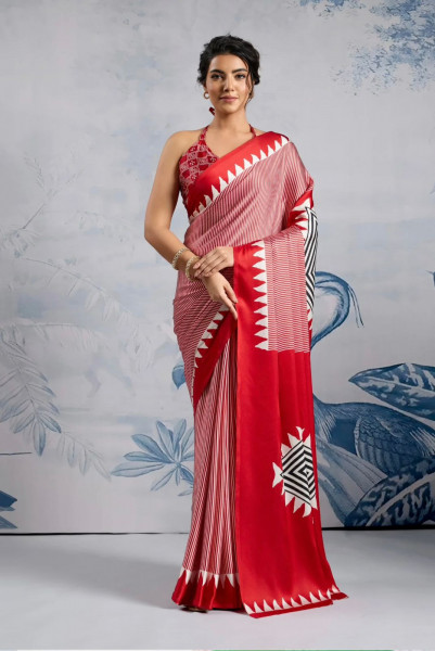 Image of Red Japan Satin Silk Digital Printed With Blouse Saree