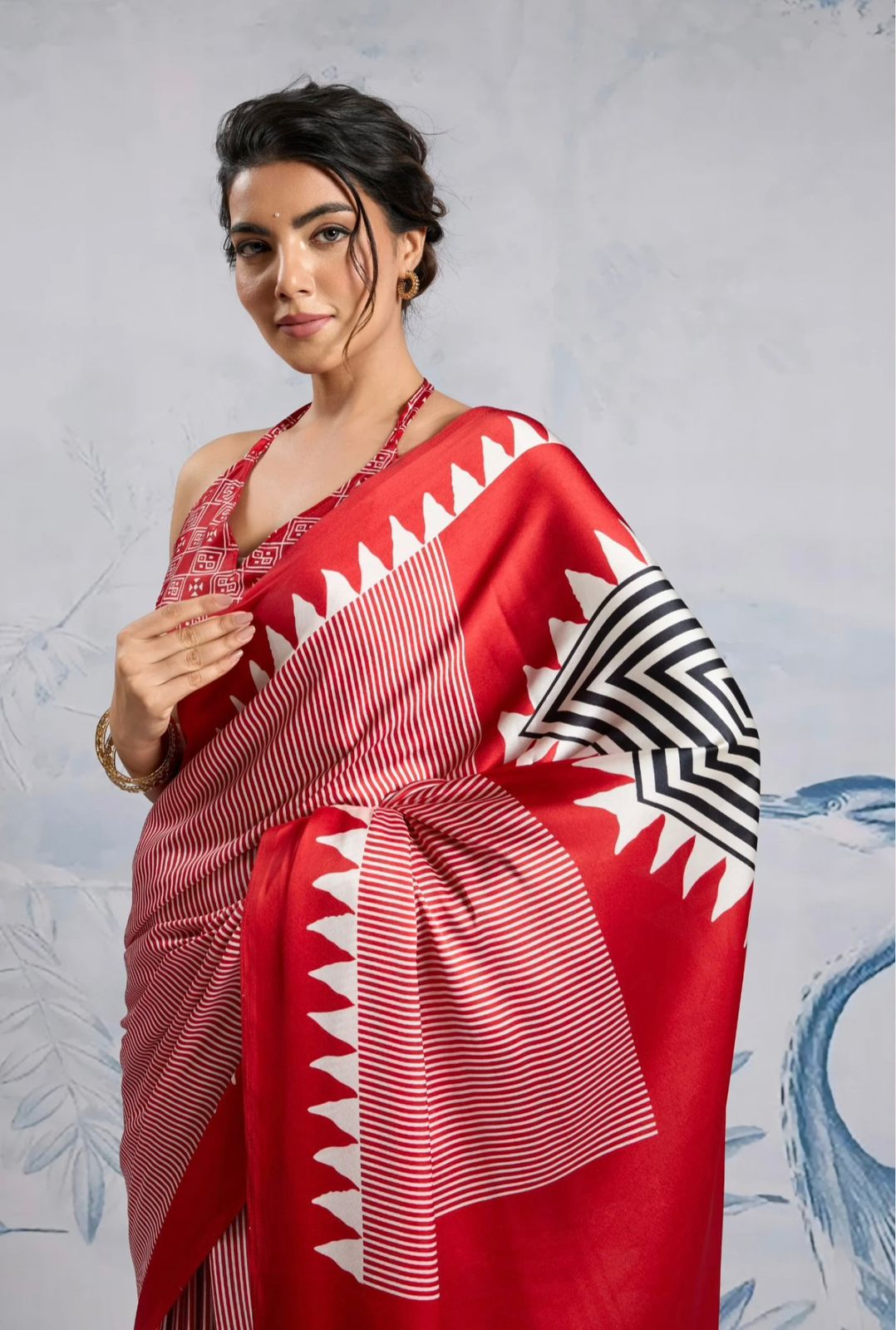 Red Japan Satin Silk Digital Printed With Blouse Saree