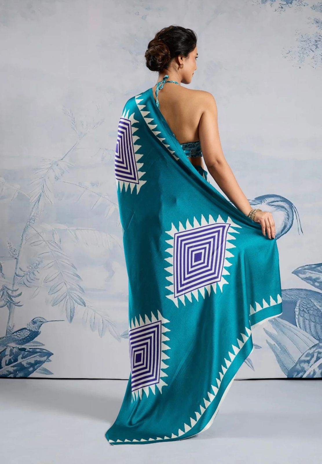 Sea Green Japan Satin Silk Digital Printed With Blouse Saree