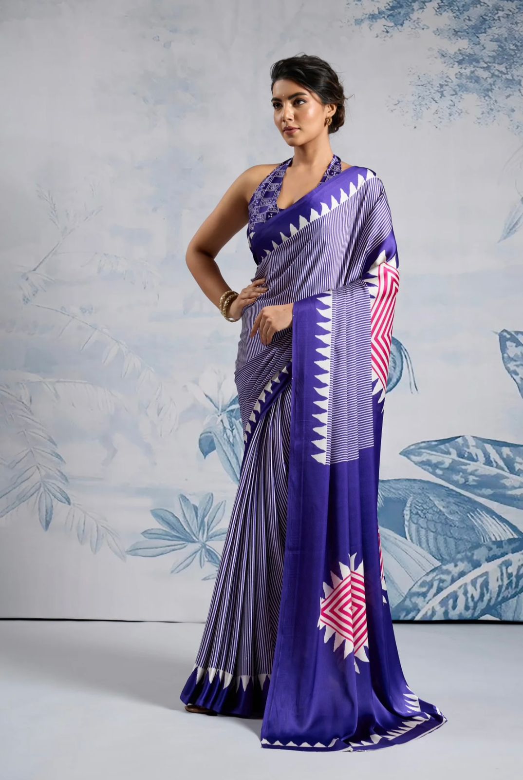 Navy Blue Japan Satin Silk Digital Printed With Blouse Saree