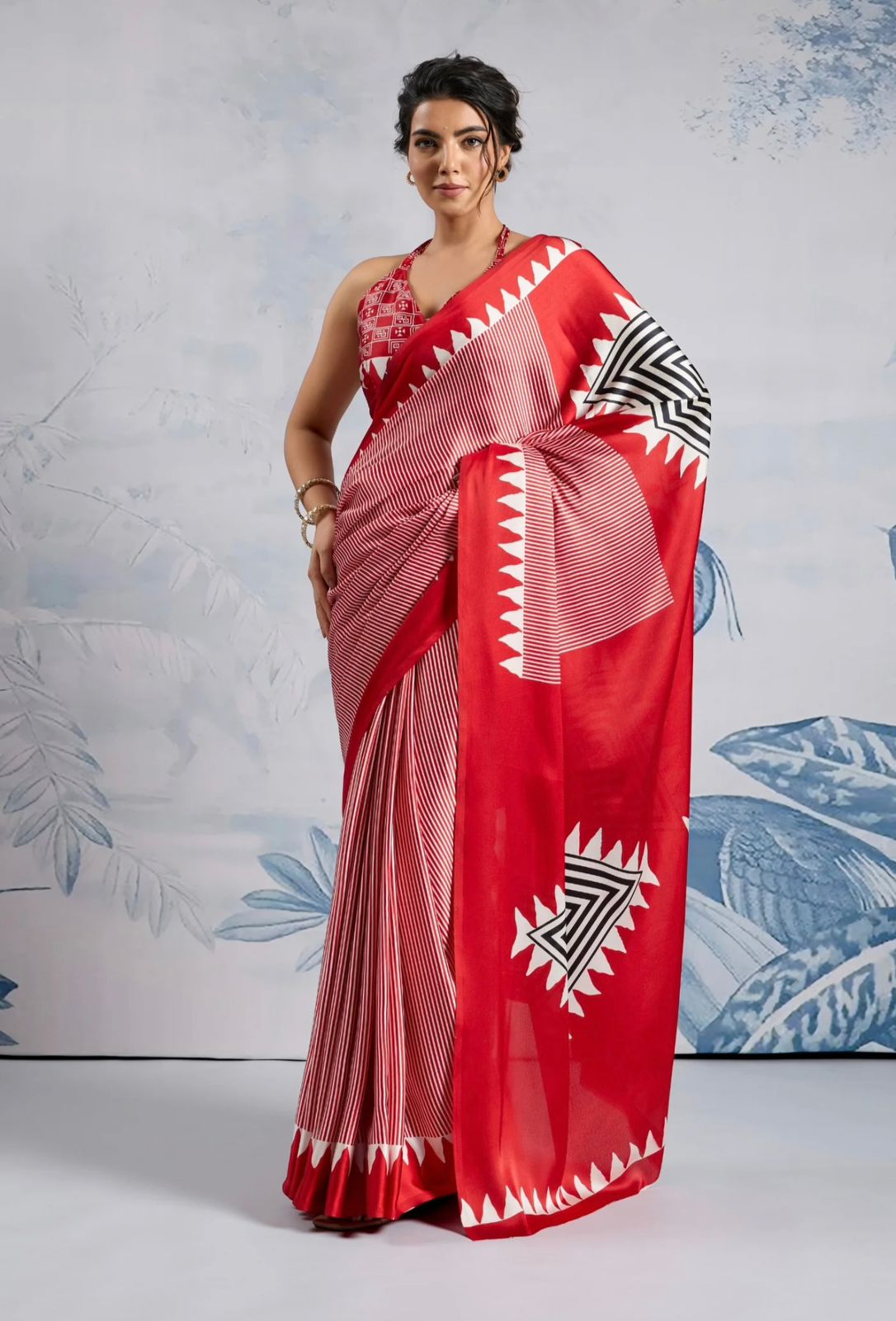Red Japan Satin Silk Digital Printed With Blouse Saree