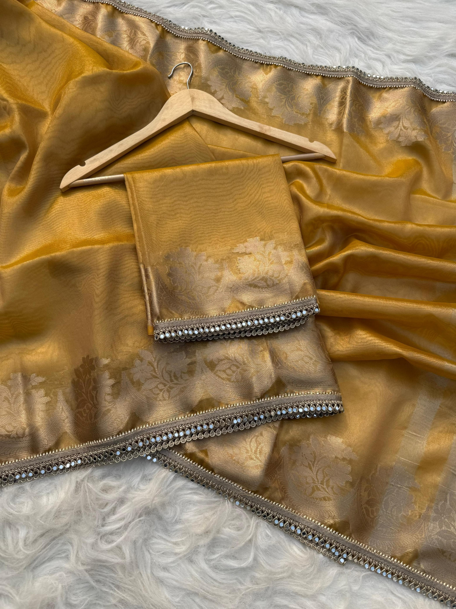 Mustard Banarasi Tissue Silk Gold Zari Weaved Lace Border Saree