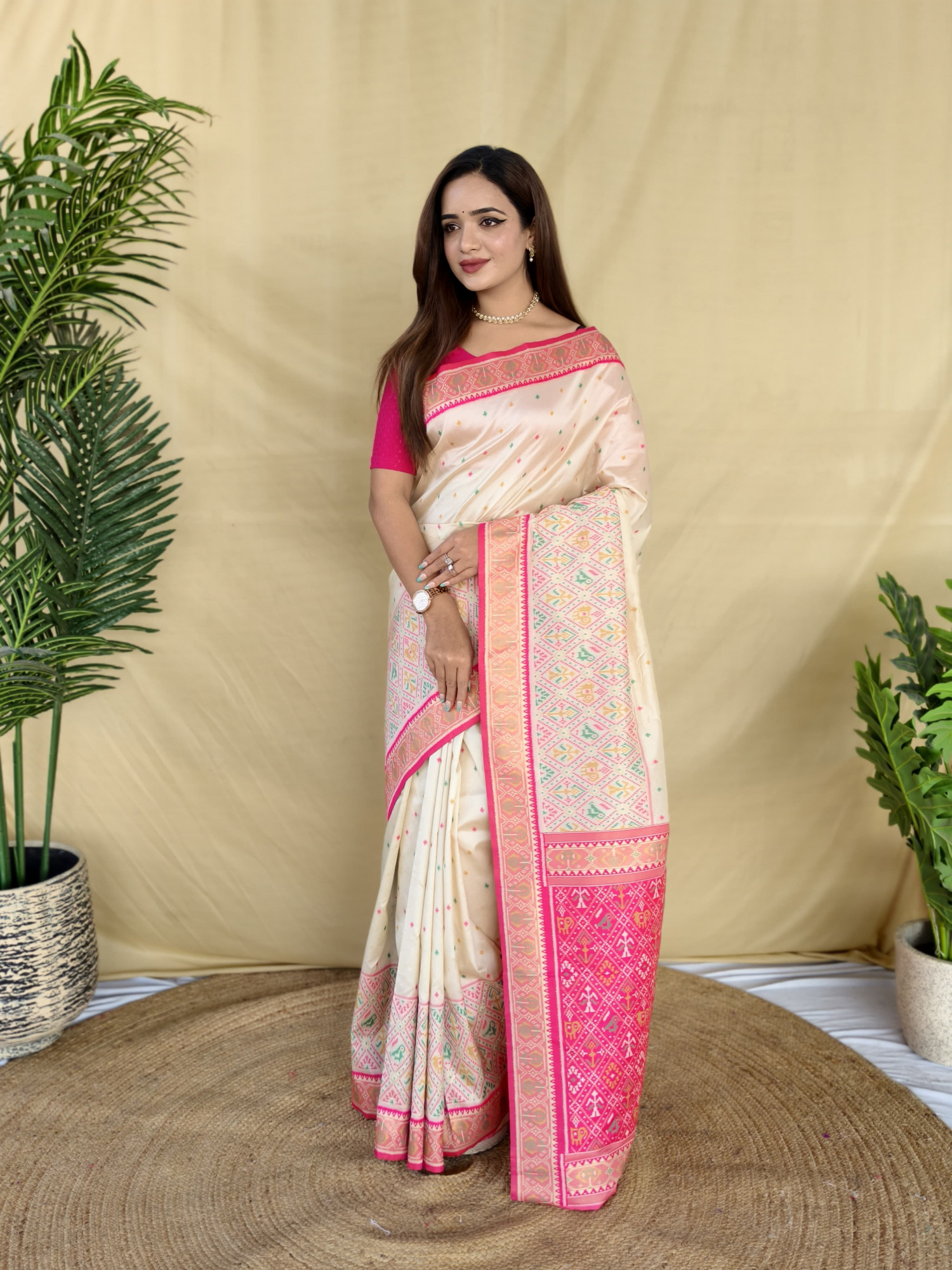 Off White Banarasi Silk Multi Thread Zari Contrast Weaved Saree