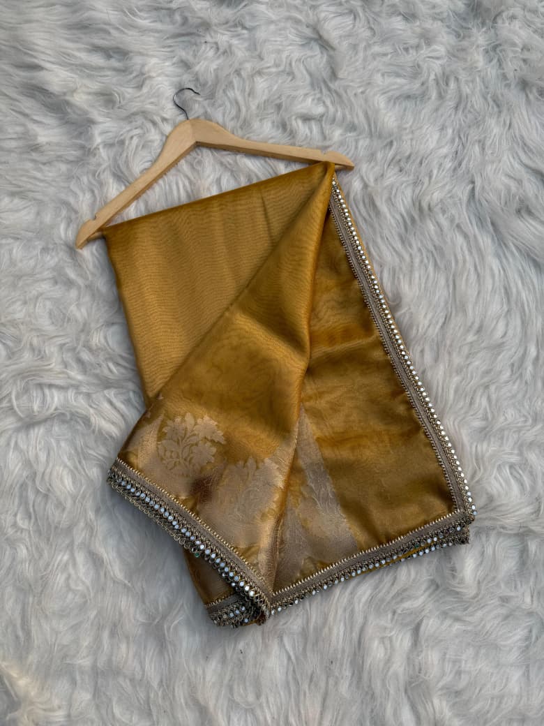 Mustard Banarasi Tissue Silk Gold Zari Weaved Lace Border Saree