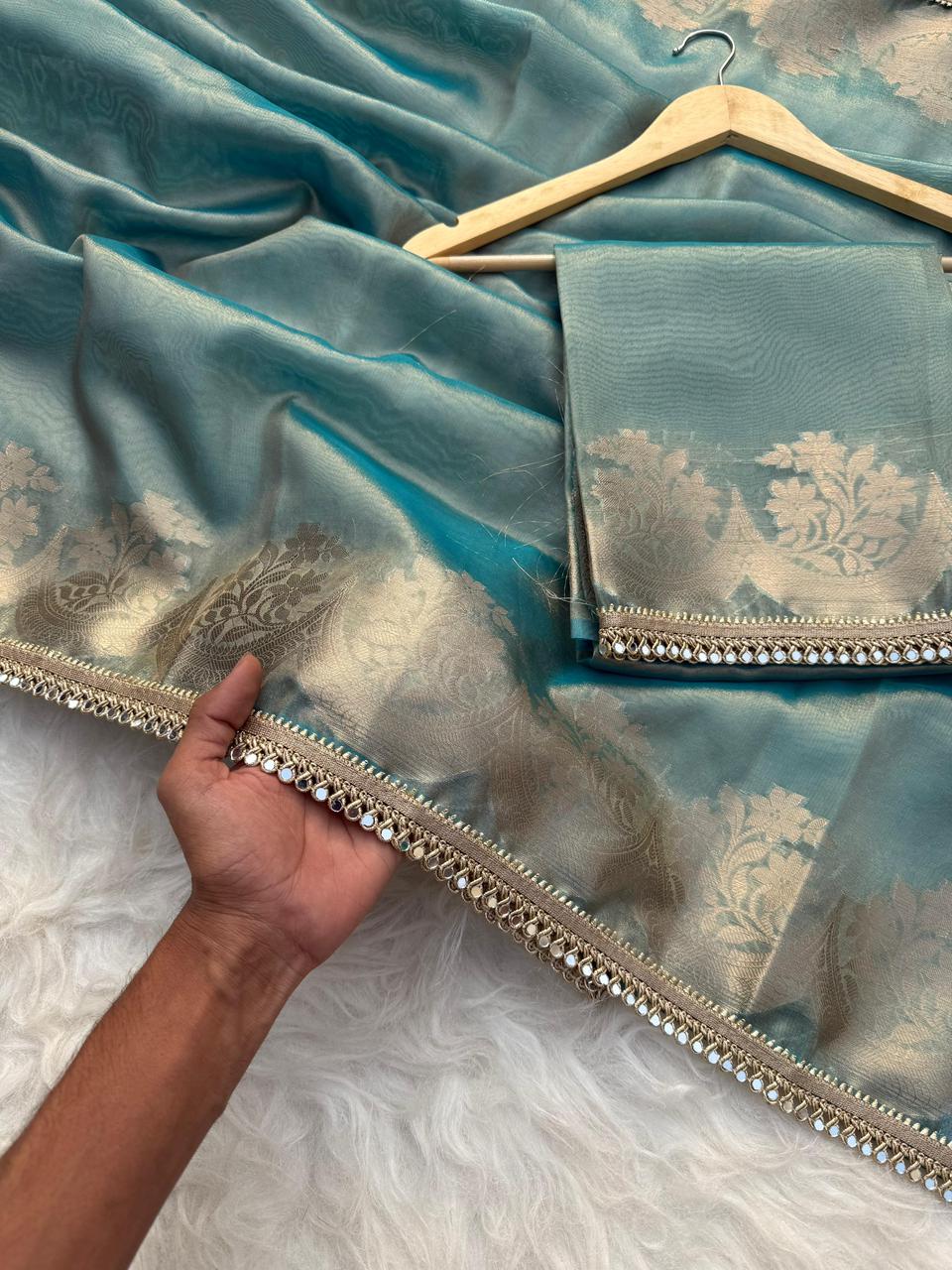 Teal Banarasi Tissue Silk Gold Zari Weaved Lace Border Saree