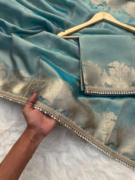 Image of Teal Banarasi Tissue Silk Gold Zari Weaved Lace Border Saree