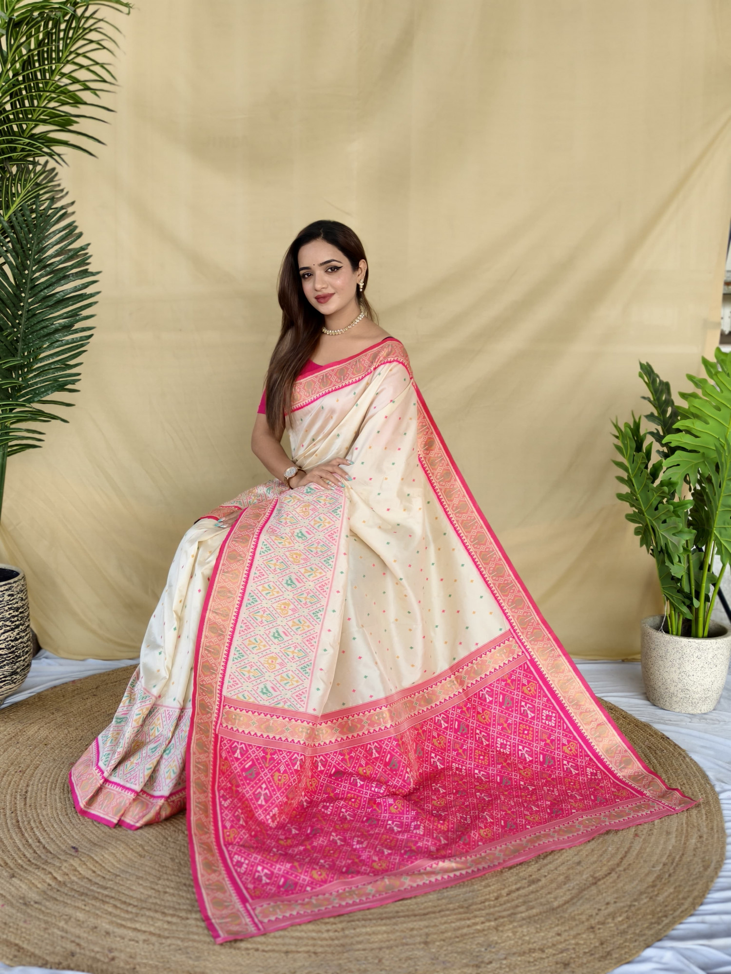Off White Banarasi Silk Multi Thread Zari Contrast Weaved Saree