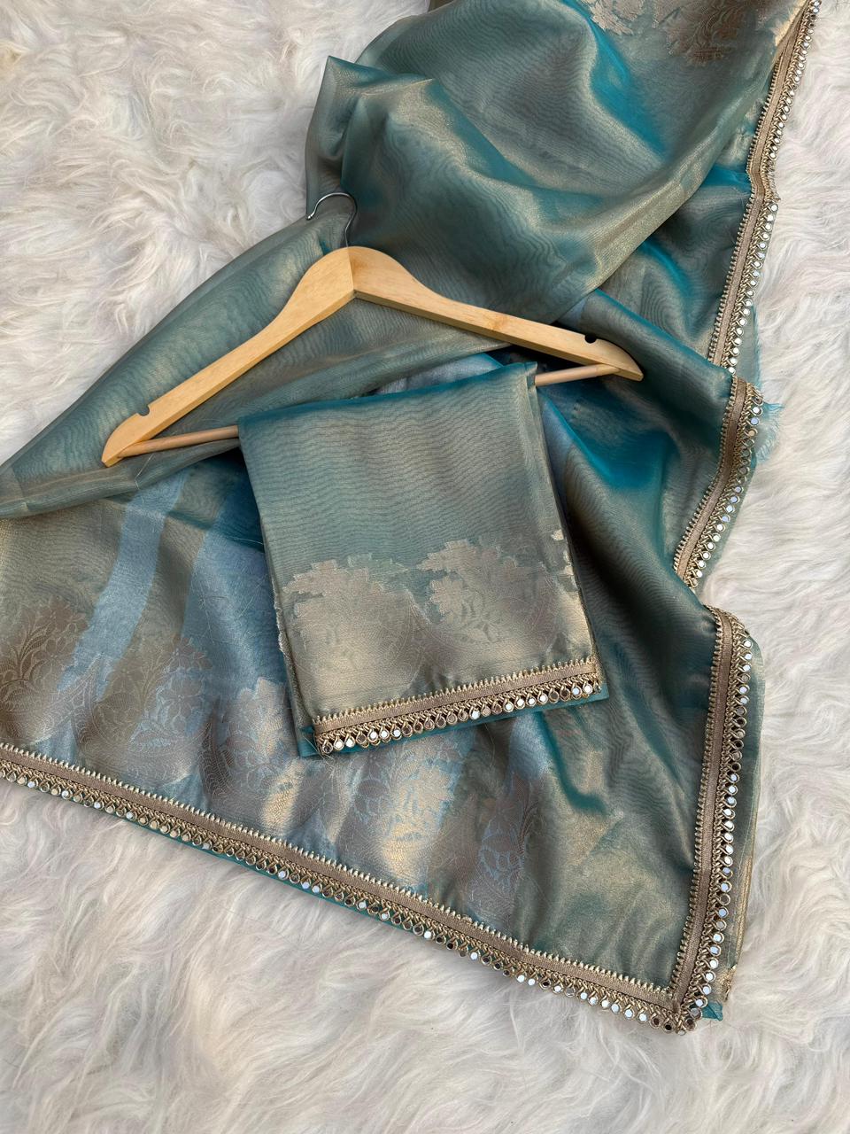 Teal Banarasi Tissue Silk Gold Zari Weaved Lace Border Saree