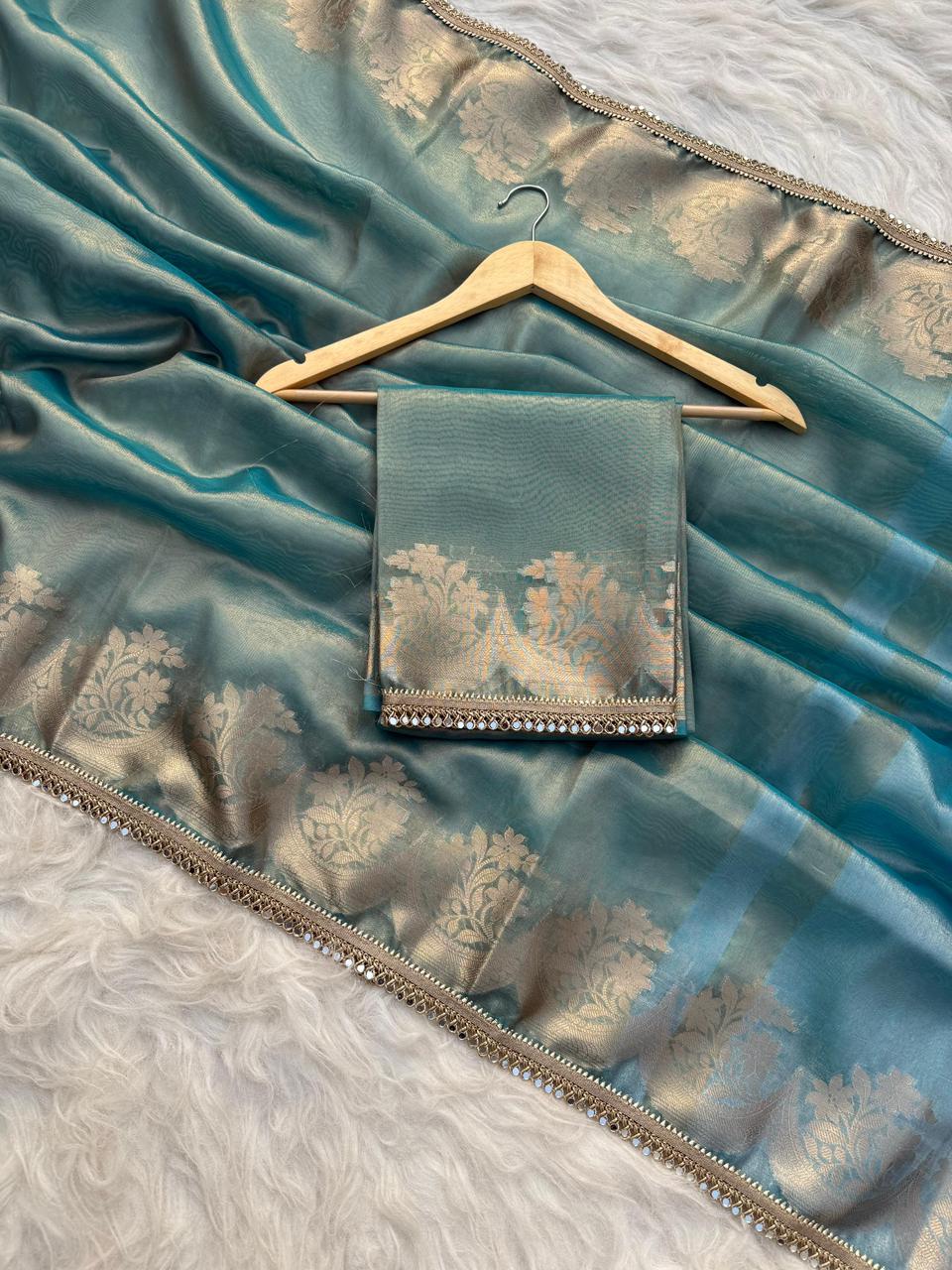 Teal Banarasi Tissue Silk Gold Zari Weaved Lace Border Saree