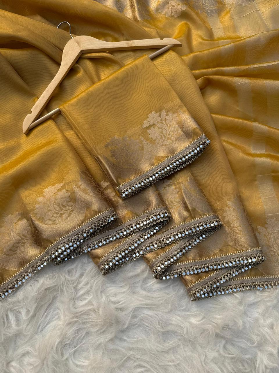 Mustard Banarasi Tissue Silk Gold Zari Weaved Lace Border Saree