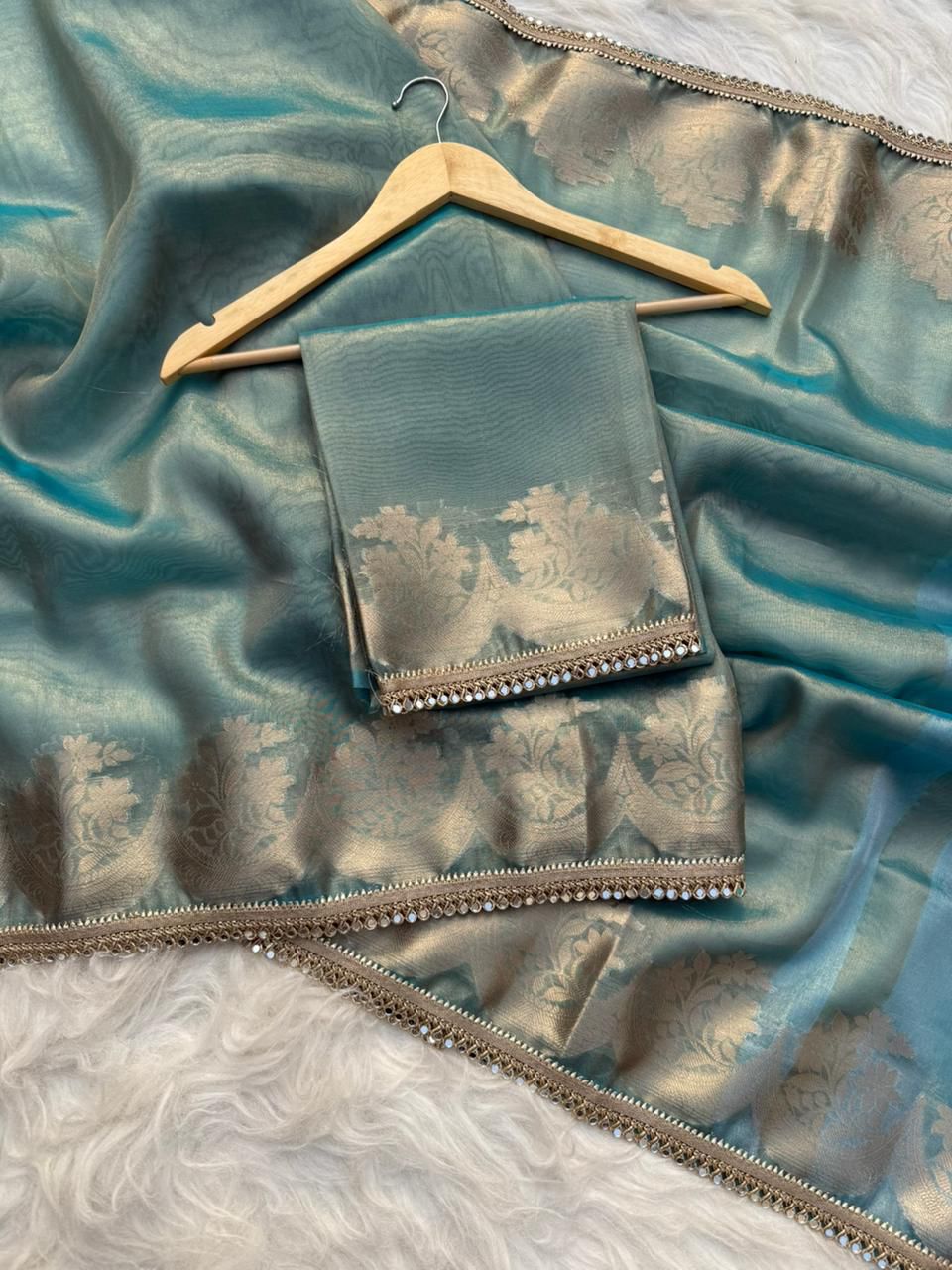 Teal Banarasi Tissue Silk Gold Zari Weaved Lace Border Saree