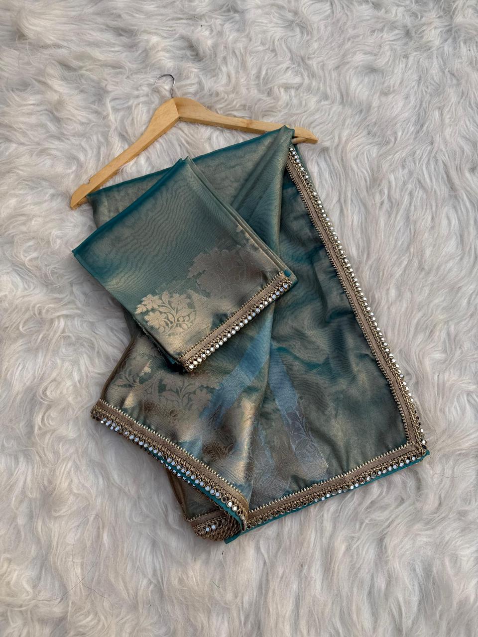 Teal Banarasi Tissue Silk Gold Zari Weaved Lace Border Saree