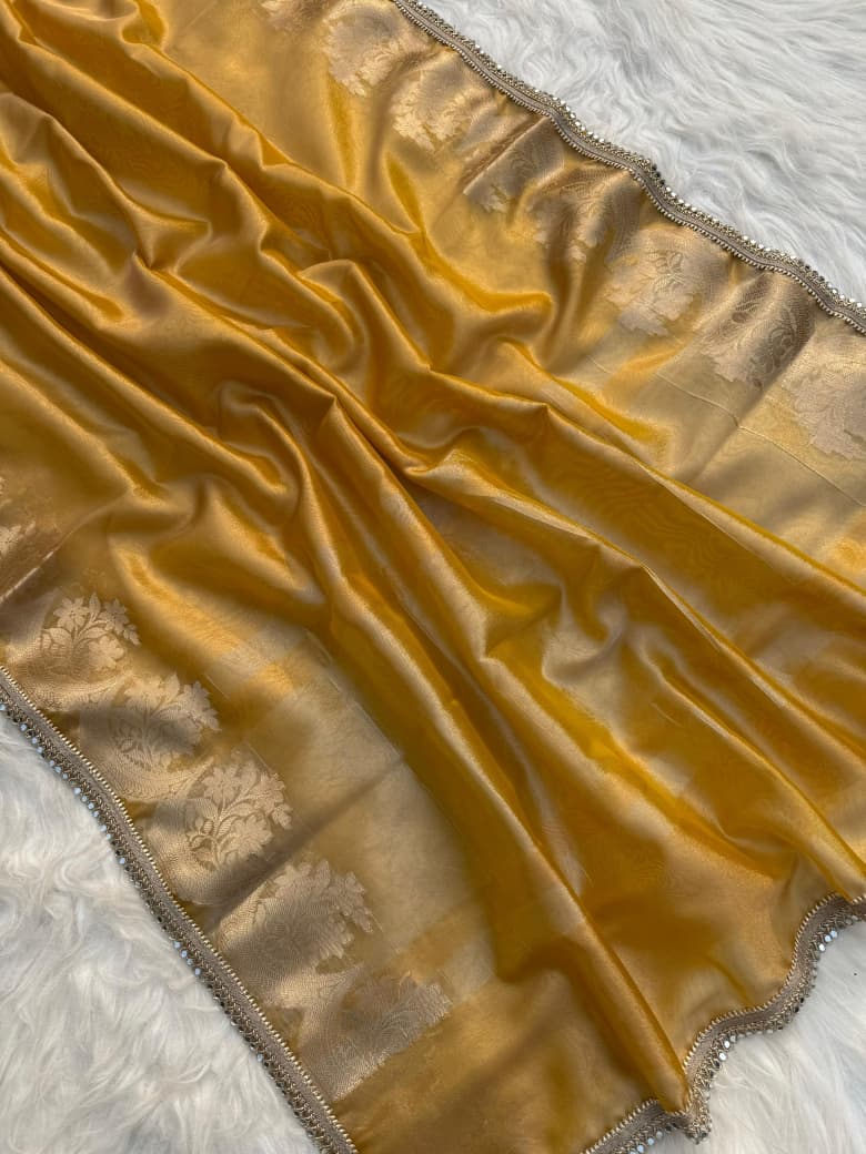 Mustard Banarasi Tissue Silk Gold Zari Weaved Lace Border Saree